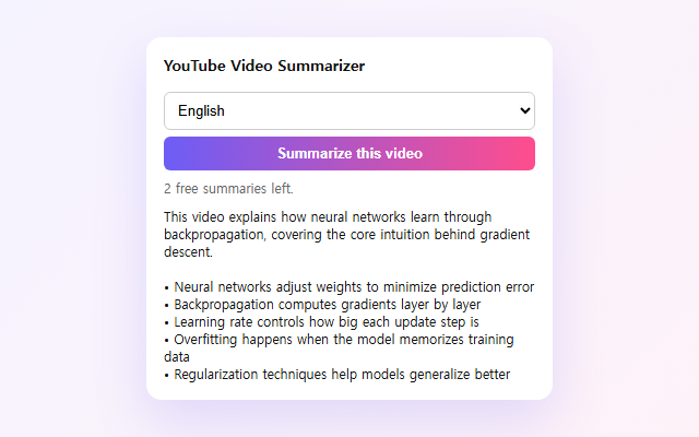 YouTube Video Summarizer 화면. 유튜브 링크를 넣으면 개요와 핵심 포인트가 정리되어 나온다.