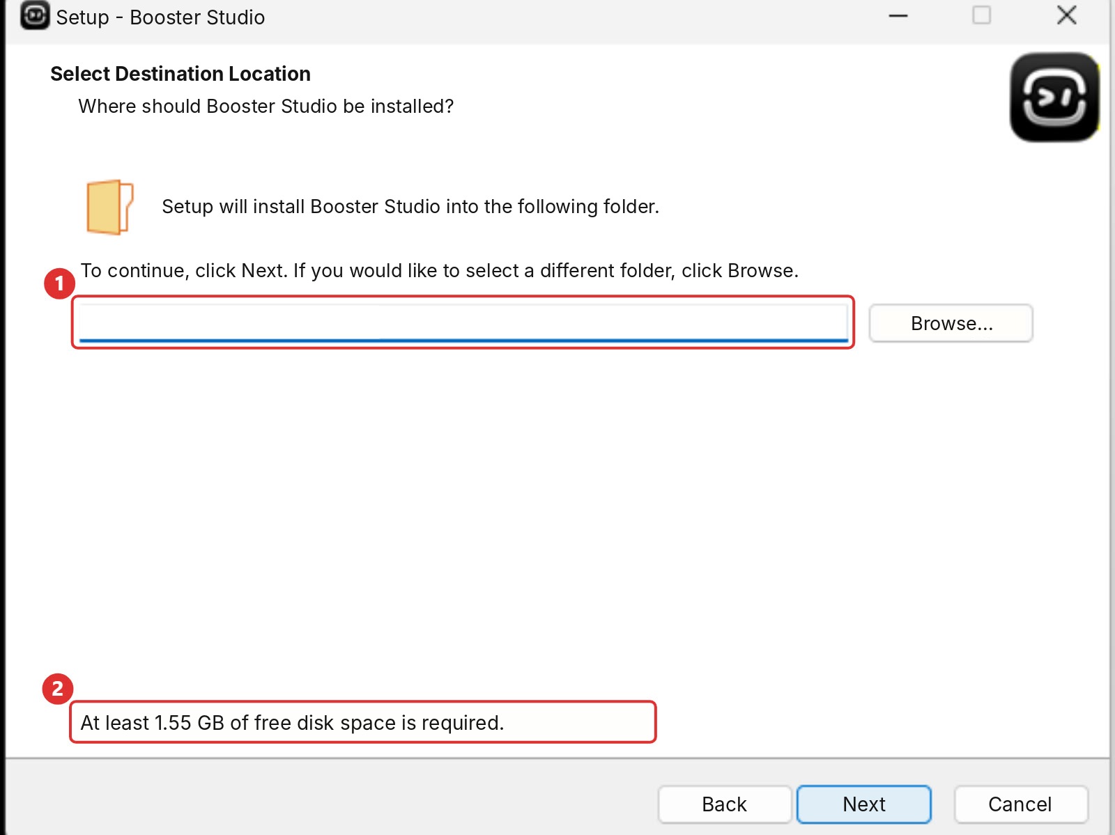 Install location screen. Red frames mark 1, the install path field (blurred), and 2, the sentence saying at least 1.55GB of free disk space is required.