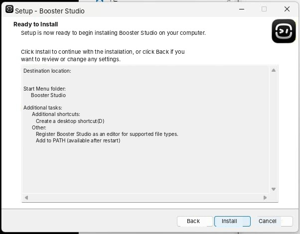Booster Studio ready-to-install screen. It lists the install location (blurred), the Start menu folder Booster Studio, and the additional tasks desktop shortcut and add to PATH, with an Install button below.