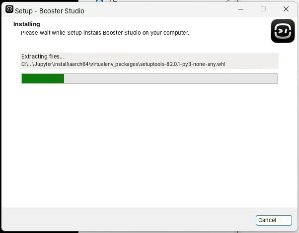 Booster Studio installation progress screen. Under the text saying files are being extracted, a Jupyter virtual environment package path scrolls by, and the progress bar is filled only partway from the left.