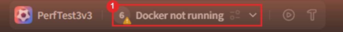 Top bar of Booster Studio. Next to the project name PerfTest3v3, in the robot chip area, a yellow warning mark and the text Docker not running are marked with red frame 1.