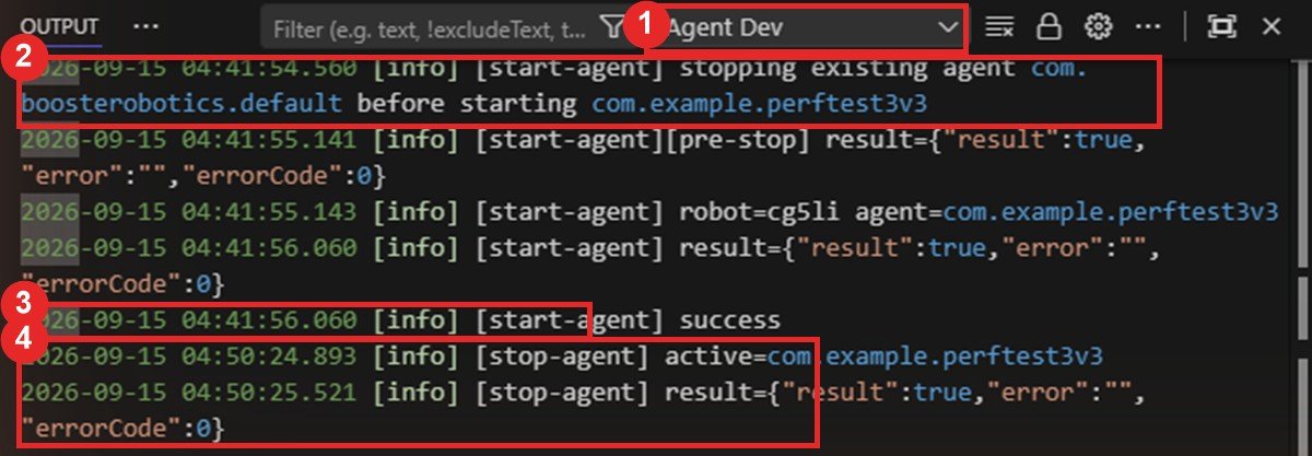 Agent Dev log in the Booster Studio output panel. Frame 1 is the output selector Agent Dev, frame 2 is the line stopping the existing agent and starting a new one, frame 3 is start-agent success, and frame 4 is the stop-agent result line.