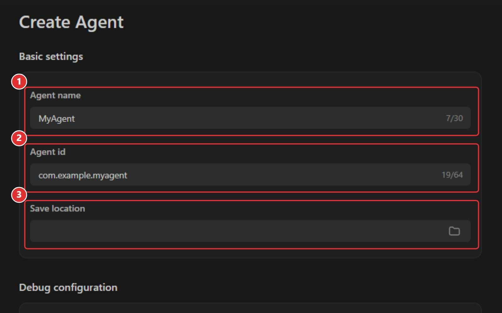 Basic settings part of the Create Agent wizard. Red frames mark the input fields 1, Agent name, 2, Agent id, and 3, Save location, with the save path blurred.