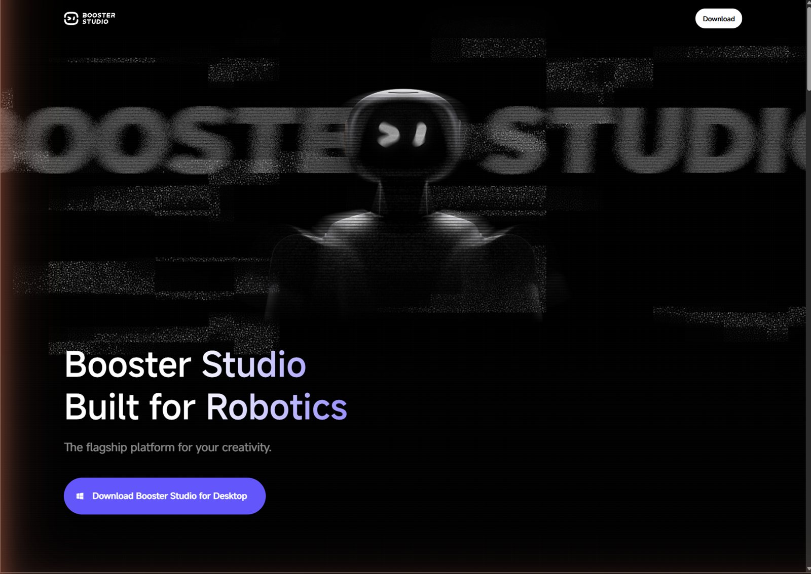 Booster Studio 공식 사이트 첫 화면. 어두운 배경에 휴머노이드 로봇과 Built for Robotics 문구, 다운로드 버튼이 보인다.