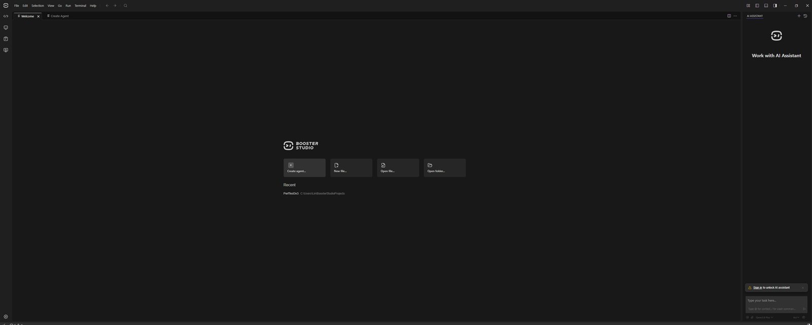 Booster Studio 첫 실행 화면. 가운데에 로고와 Create agent, New file, Open file, Open folder 버튼이 있고 오른쪽에 AI Assistant 패널이 있다.