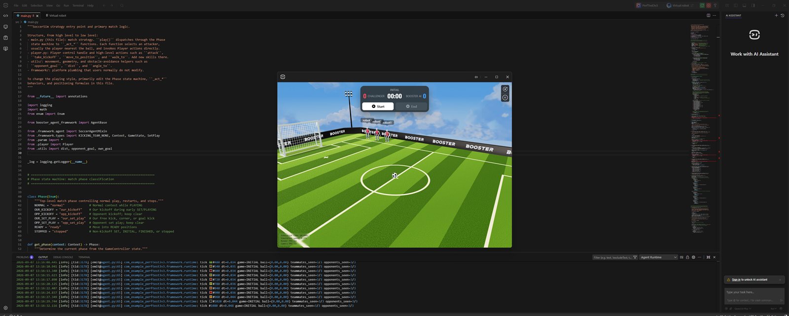 Booster Studio IDE 안에 시뮬레이터 창이 떠 있는 화면. 3D 축구장과 휴머노이드 로봇, 상단에 스코어보드와 Start 버튼이 보인다.