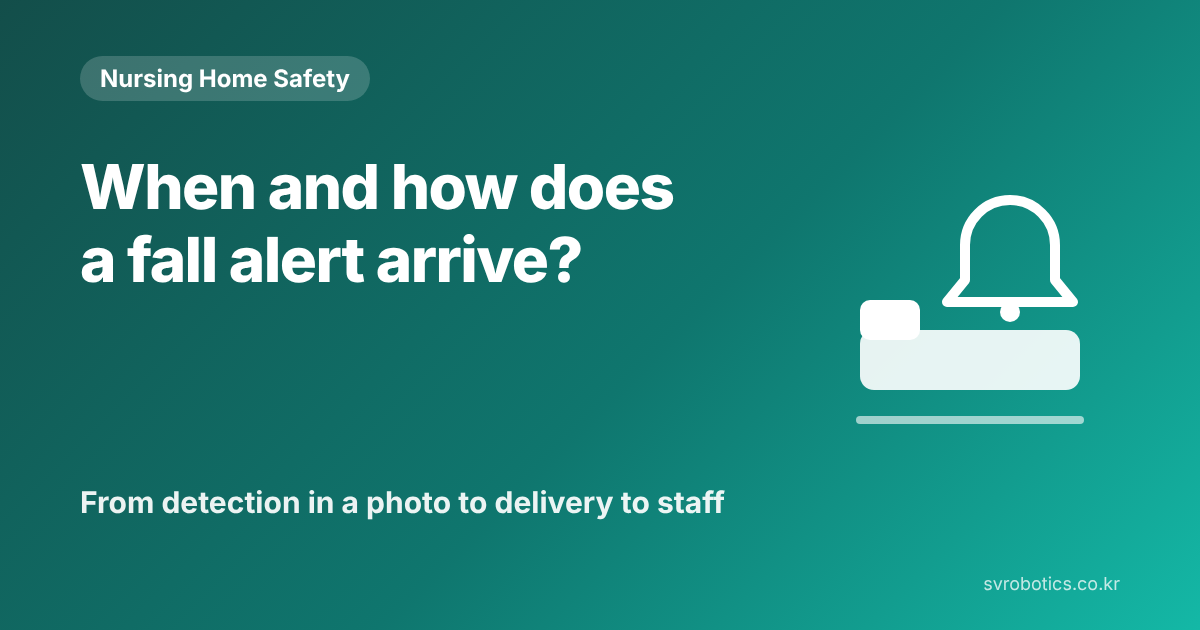 "When and how does a fall alert arrive?" From detection in a photo to delivery to staff. Nursing home safety thumbnail with the question and a diagram.