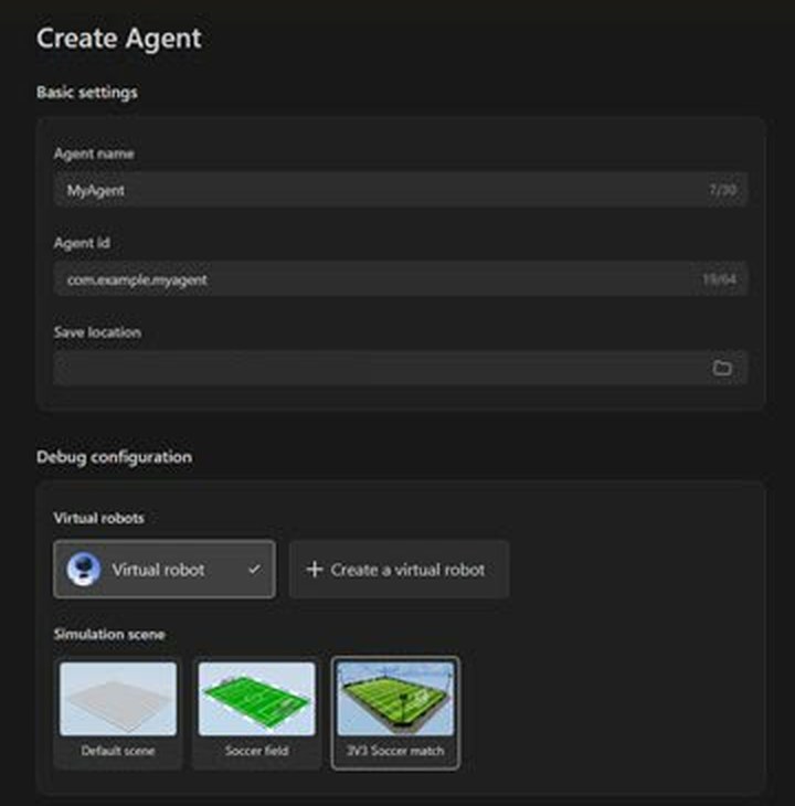 Create Agent screen in Booster Studio. You enter an agent name and save location, then choose a virtual robot (Virtual robot) and a simulation scene (default scene, soccer field, 3-on-3 soccer).