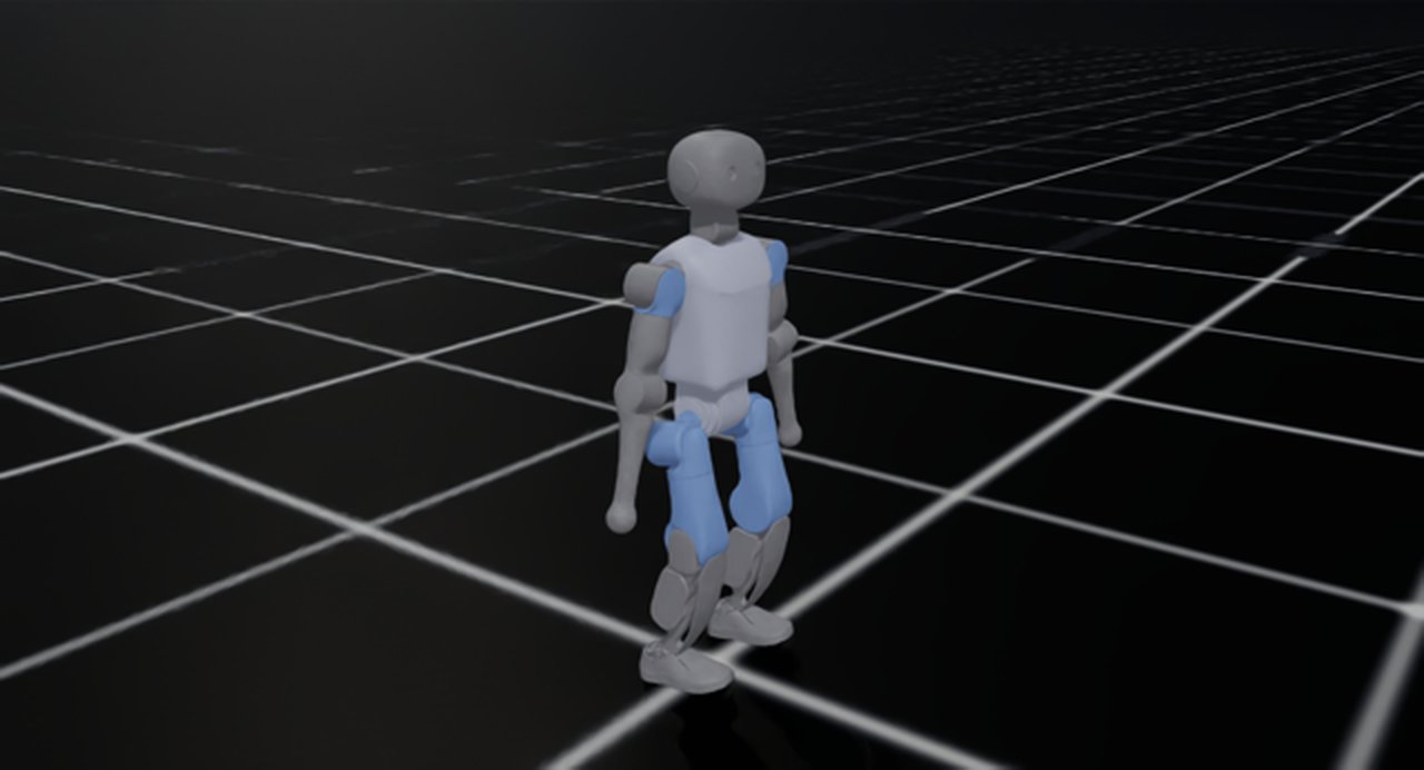 One Booster K1 loaded in Isaac Sim. The K1, colored gray and blue, stands on a black grid floor.
