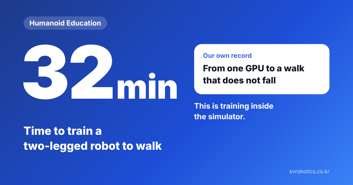32 minutes, the time it took to train a two-legged robot to walk. A gait that does not fall, from one GPU. This is training inside simulation. Humanoid education thumbnail.