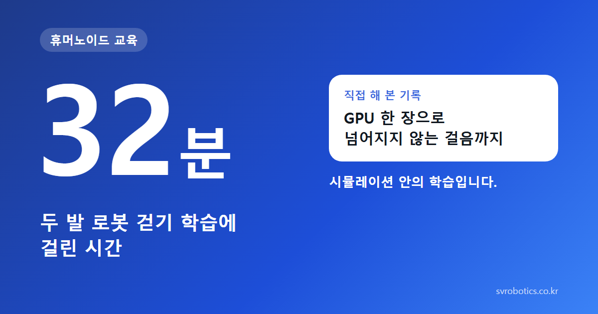 32분 — 두 발 로봇 걷기 학습에 걸린 시간. GPU 한 장으로 넘어지지 않는 걸음까지. 시뮬레이션 안의 학습입니다. 휴머노이드 교육 썸네일.