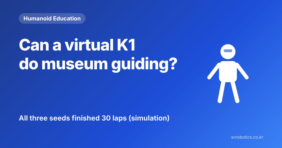 "Can a virtual K1 do a museum guide job?" — all three gaits trained from different seeds finished 30 laps each, but this is simulation. Humanoid education thumbnail (question and diagram).