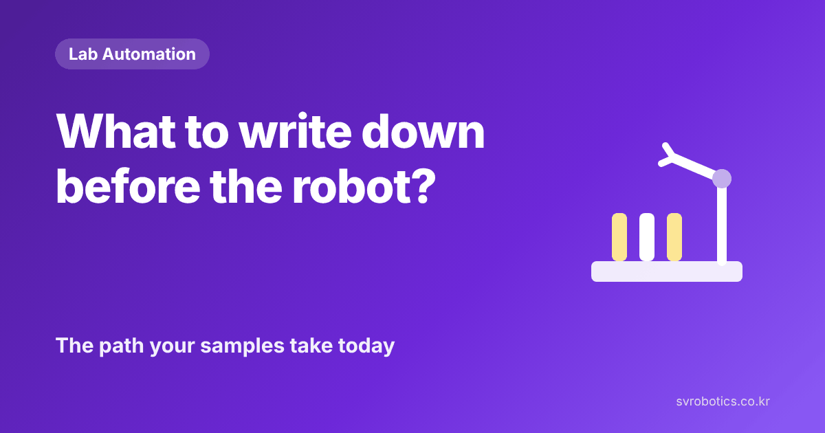 "What should you write down before the robot?" The path samples take today. Lab automation thumbnail with the question and a diagram.
