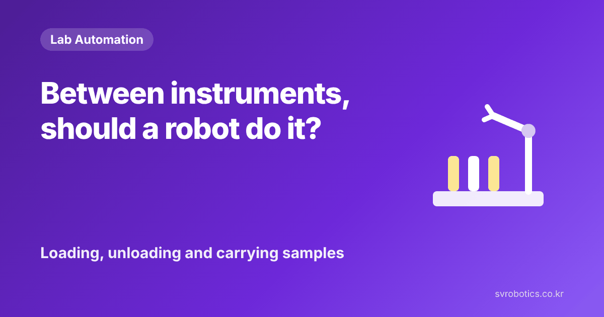 "Can a robot take over the work between instruments?" Repeated work of putting samples in, taking them out and moving them. Lab automation thumbnail with the question and a diagram.