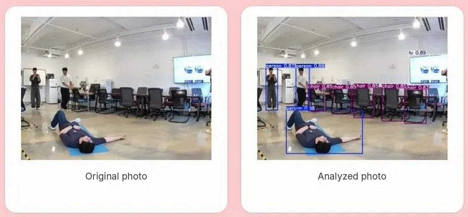 The event log on the admin screen, showing the original photo and the analyzed photo side by side. In the analyzed photo, a box is drawn around the person lying on the floor. This is a scene staged by staff.