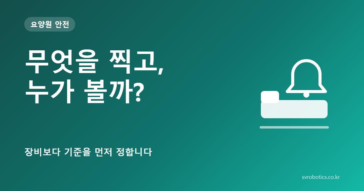 「무엇을 찍고, 누가 볼까?」 — 장비보다 기준을 먼저 정합니다. 요양원 안전 썸네일(질문과 도식).