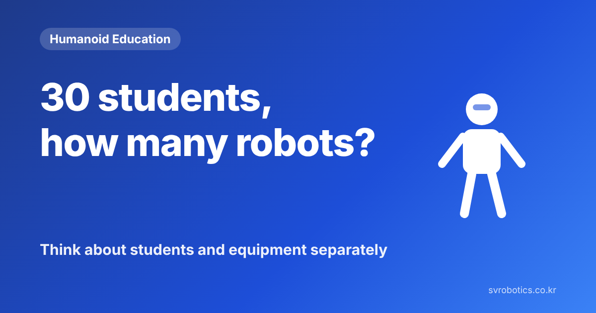 "30 students, how many robots?" Thinking about student count and equipment separately. Humanoid education thumbnail with the question and a diagram.