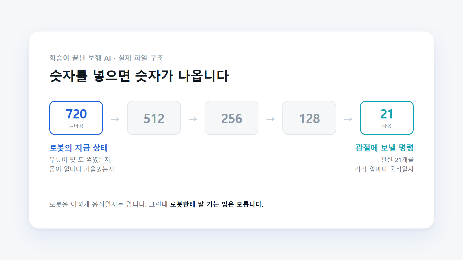 학습된 보행 AI의 구조. 숫자 720개가 들어가서 관절 명령 21개가 나온다.