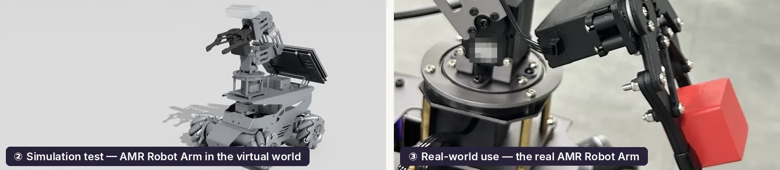 A simulation test and the same task on the real robot, side by side