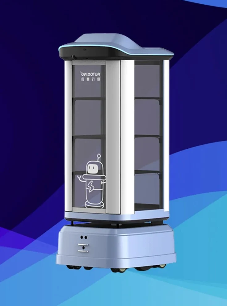 Delivery Robot AX1112 제조사 공식 제품 이미지 — 문이 닫히는 수납 칸이 있는 실내 배달 로봇