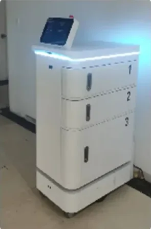 번호가 붙은 3단 수납함을 단 배송 로봇
