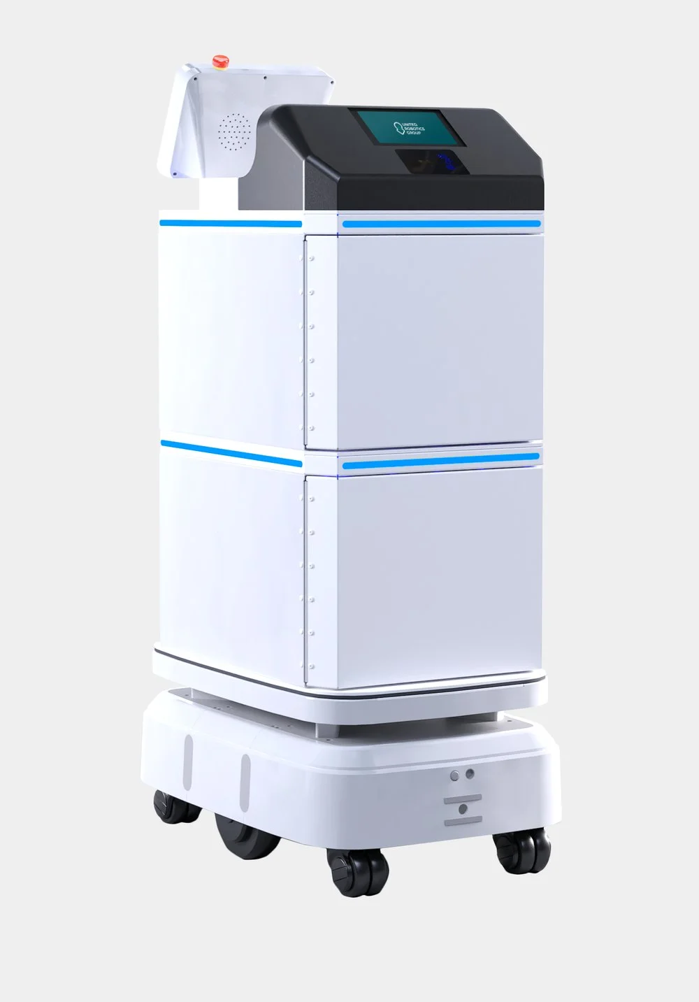 United Robotics Group uLog Locker 제조사 공식 제품 이미지 — 잠금 칸 2개가 있는 배송 로봇