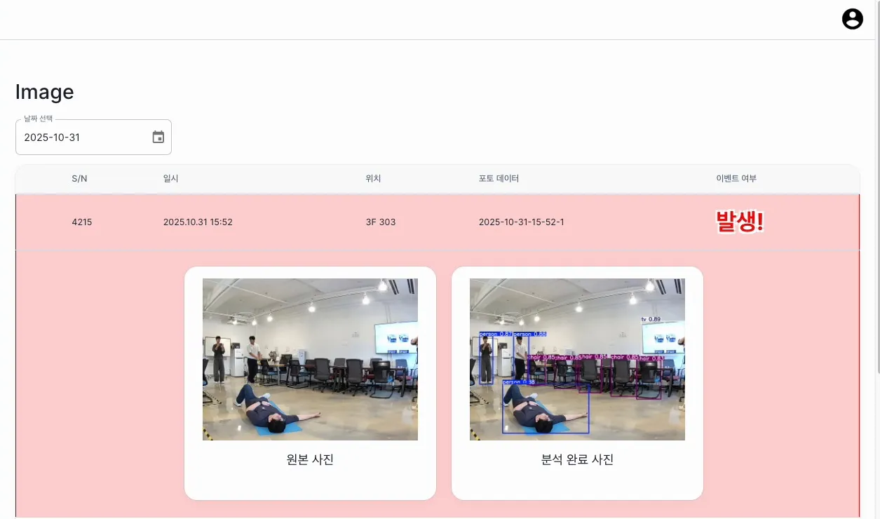 관리자 화면에 원본 사진과 분석 사진이 나란히 표시된 모습(시연)